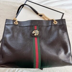 Black Leather Tote with Green-Red Stripe and Gold Accent